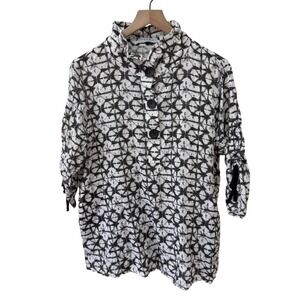Terra Tunic Top Large Black White Tie Dye Cotton Ruffle Neck Ruched Sleeve